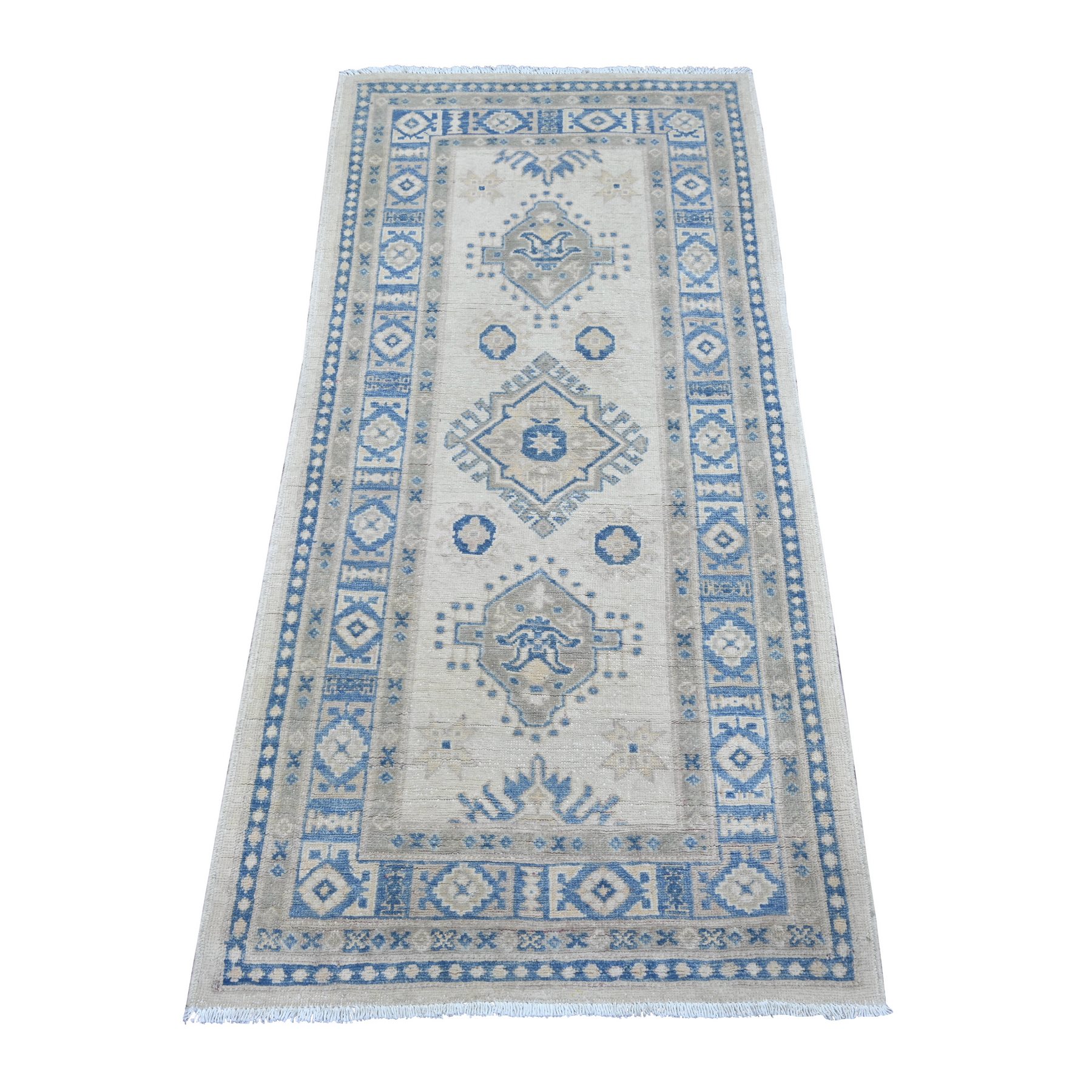 2'6"x5'3" Alabaster White, Vintage Look Kazak with Geometric Medallions, Hand Knotted, 100% Wool, Natural Dyes, Short Runner, Oriental Rug 